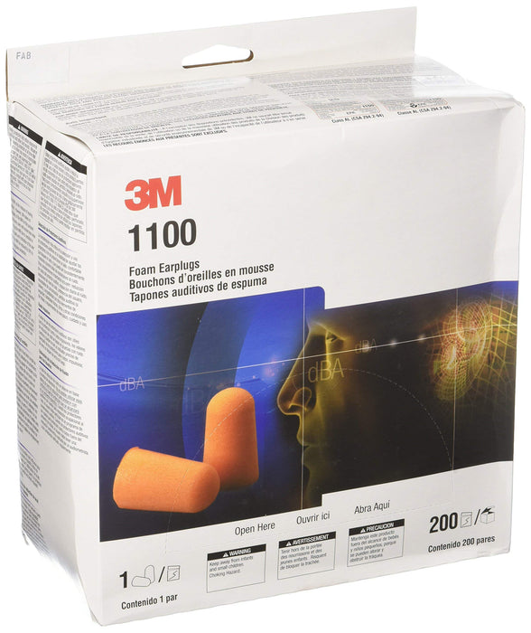 3M Foam Single-Use Earplugs, Cordless, 29NRR, Orange, Box Of 200