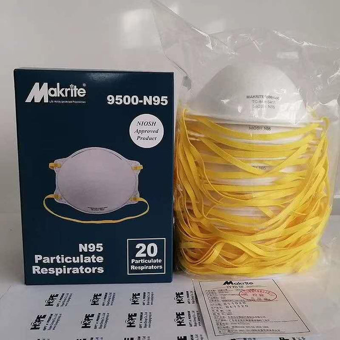 Makrite N95 - 9500 - Box of 20 - No-Fold Masks - MEDICAL USE - NIOSH - head elastic -  $2.6/each - Brooklyn Equipment
