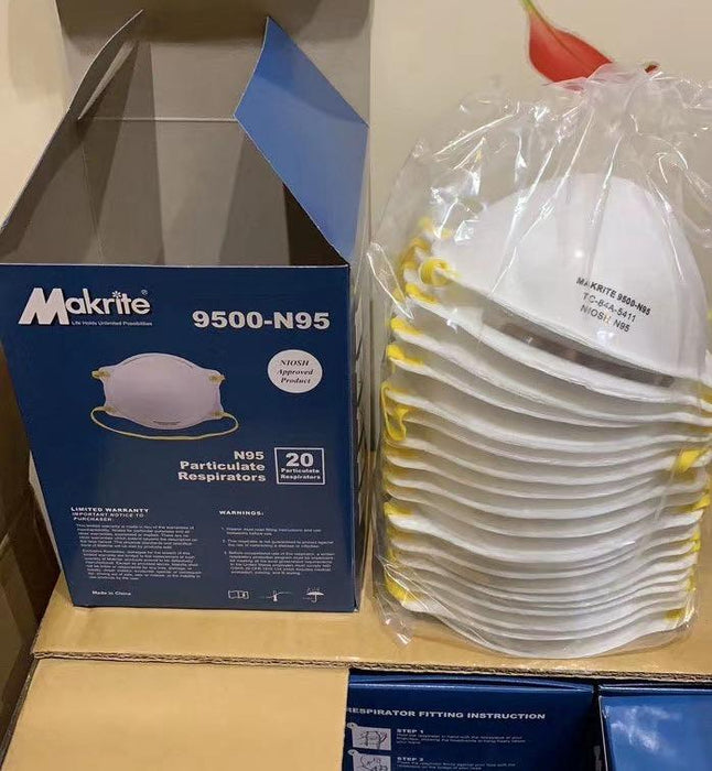 Makrite N95 - 9500 - Box of 20 - No-Fold Masks - MEDICAL USE - NIOSH - head elastic -  $2.6/each - Brooklyn Equipment