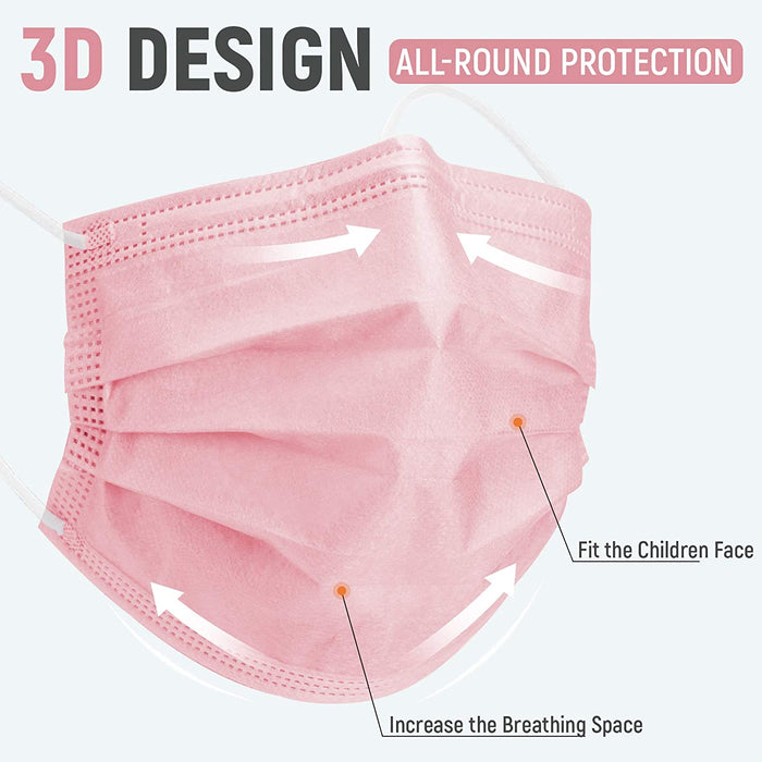 3-ply - KID MASK -  Disposable - Pack of 50 - PINK