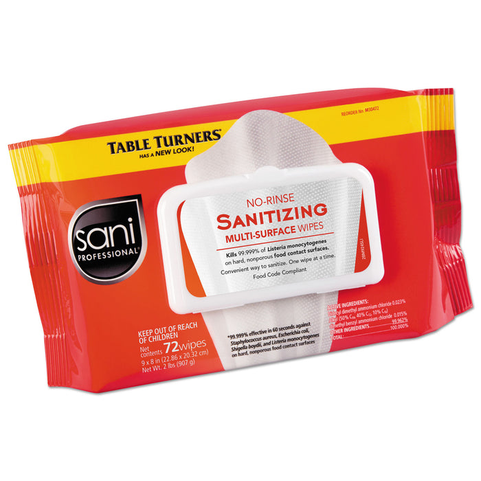 Sani No-Rinse Sanitizing Multi-Surface Wipes, 72 Wipes/PK, 12/Carton