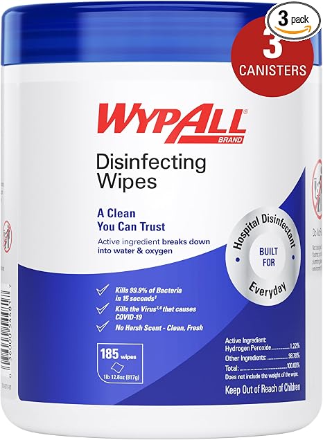 WypAll Disinfecting Wipes, 1-Ply, 5.16 x 8.5, Fresh Scent, White, 185 Sheets/Canister, 3 Canisters/Carton