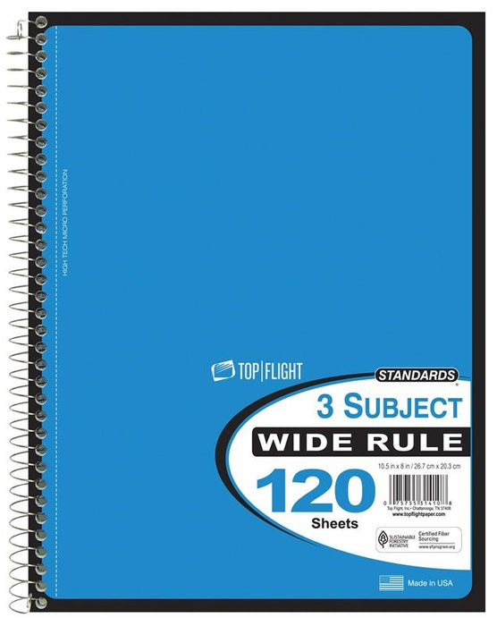 Top Flight 3 Subject Wide Rule Notebook 120 Sheets