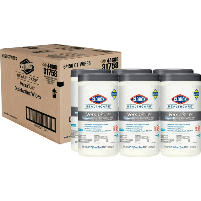 Clorox VersaSure Cleaner Disinfectant Wipes, 1-Ply, 6 x 5, Fragranced, White, 150/Canister, 6 Canisters/Carton