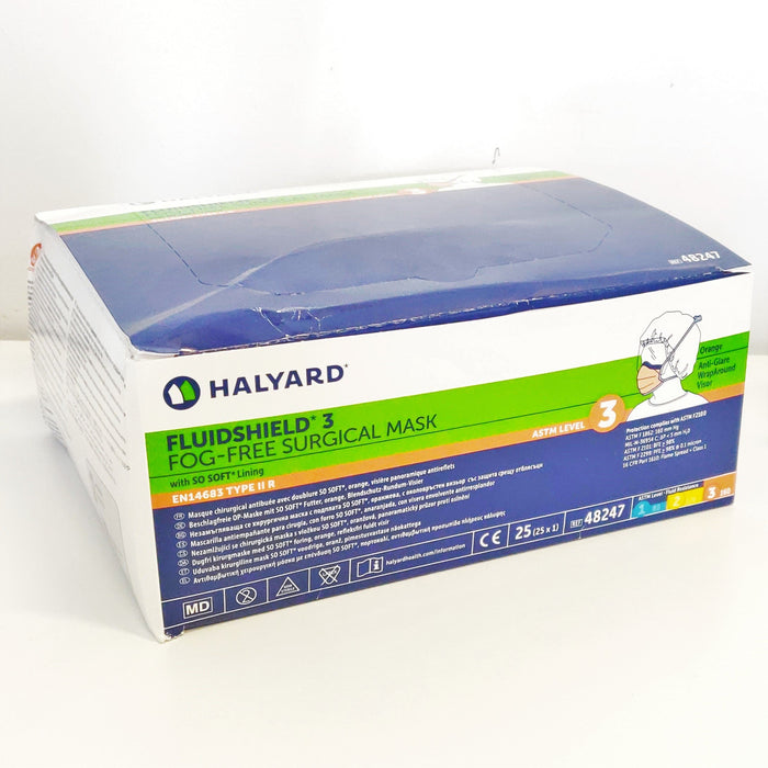 Face Mask - Halyard FLUIDSHIELD ASTM Level 3 Fog-Free Surgical Mask With Ties - 99% Filtration - Box Of 25 Masks - FREE SHIPPING